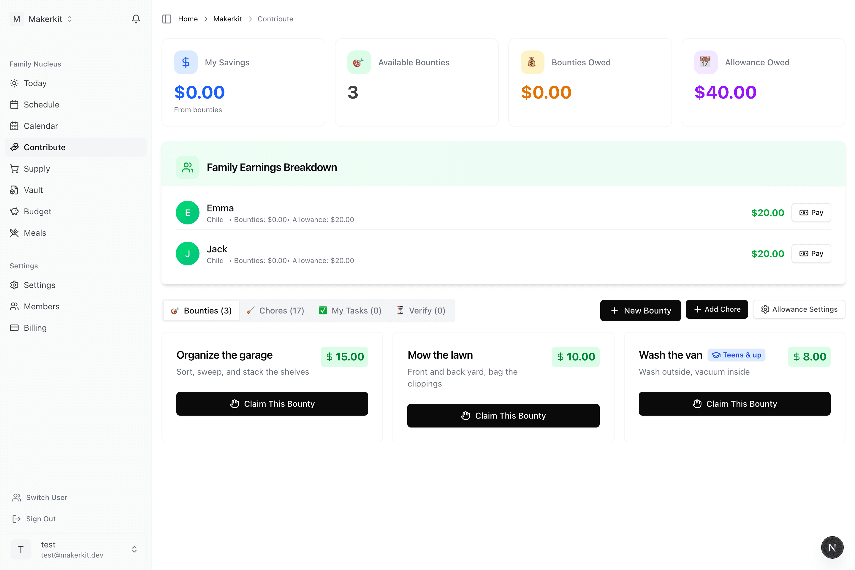 The Family Nucleus Contribute screen: each child's allowance and earnings, plus open bounties to claim