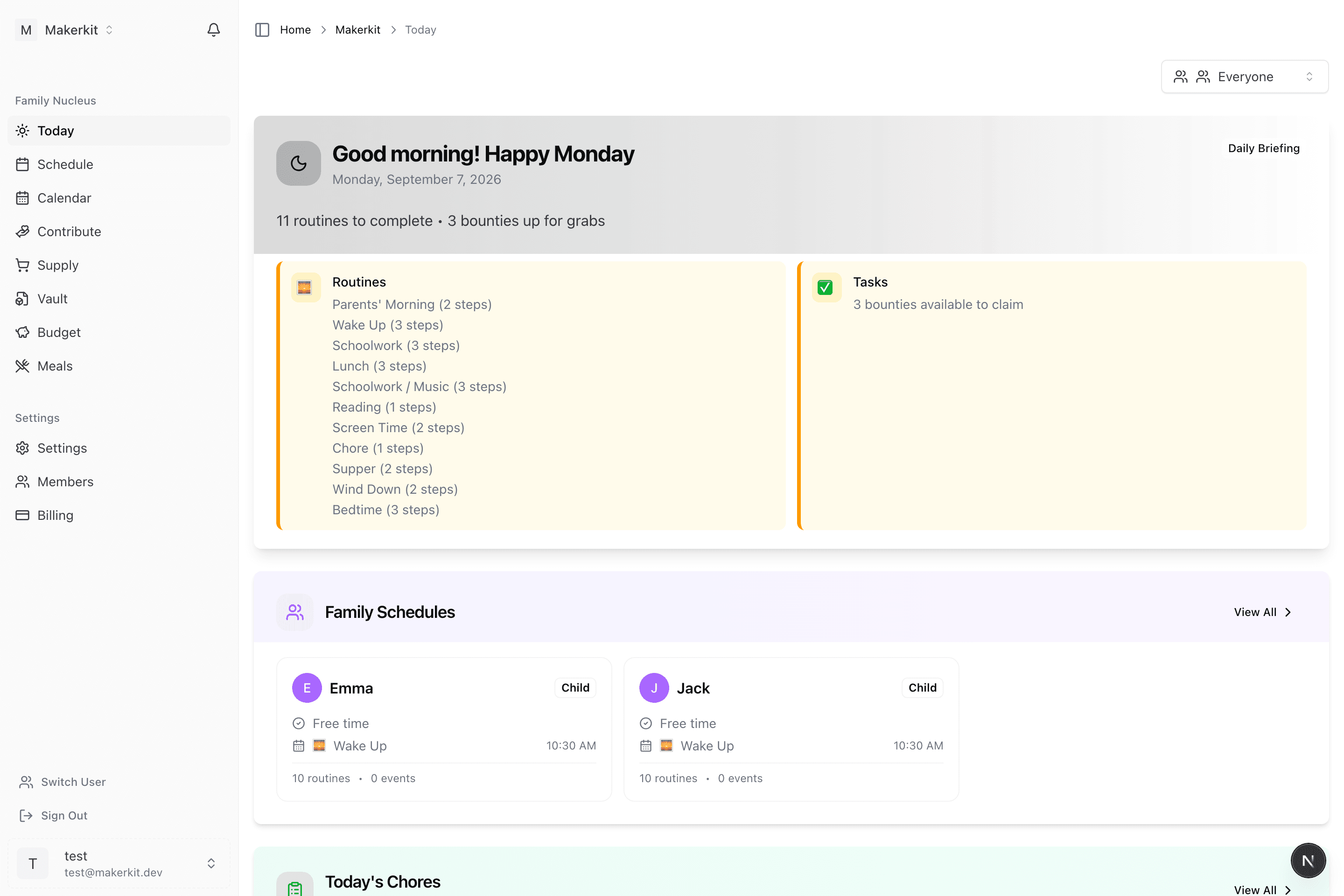 The Family Nucleus Today dashboard: the day's routine blocks and each child's schedule at a glance